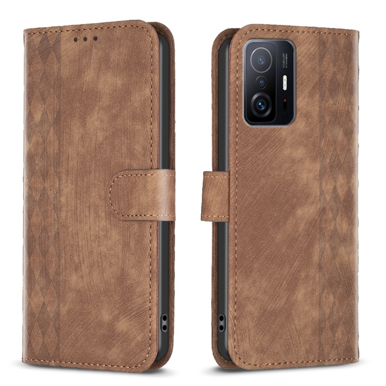 

For Xiaomi 11T / 11T Pro Plaid Embossed Leather Phone Case(Brown)