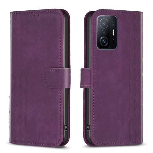

For Xiaomi 11T / 11T Pro Plaid Embossed Leather Phone Case(Purple)
