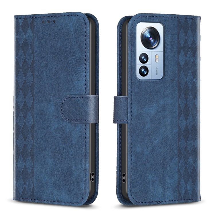 

For Xiaomi 12 Pro Plaid Embossed Leather Phone Case(Blue)