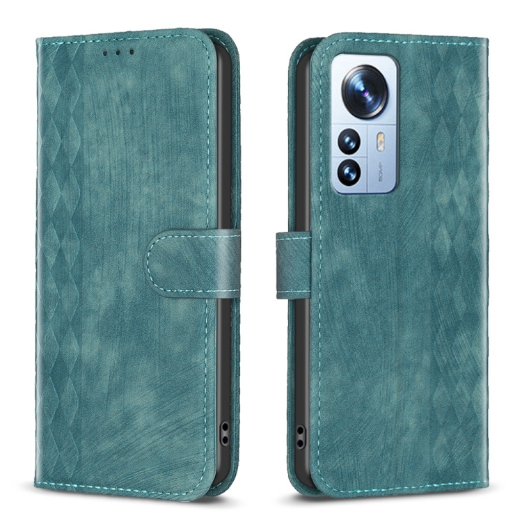 

For Xiaomi 12 Pro Plaid Embossed Leather Phone Case(Green)