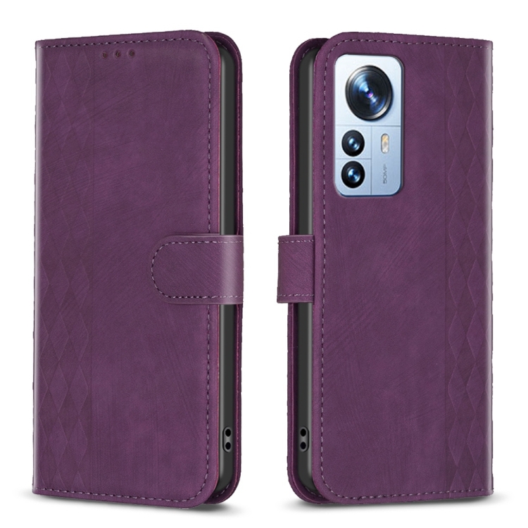 

For Xiaomi 12 Pro Plaid Embossed Leather Phone Case(Purple)