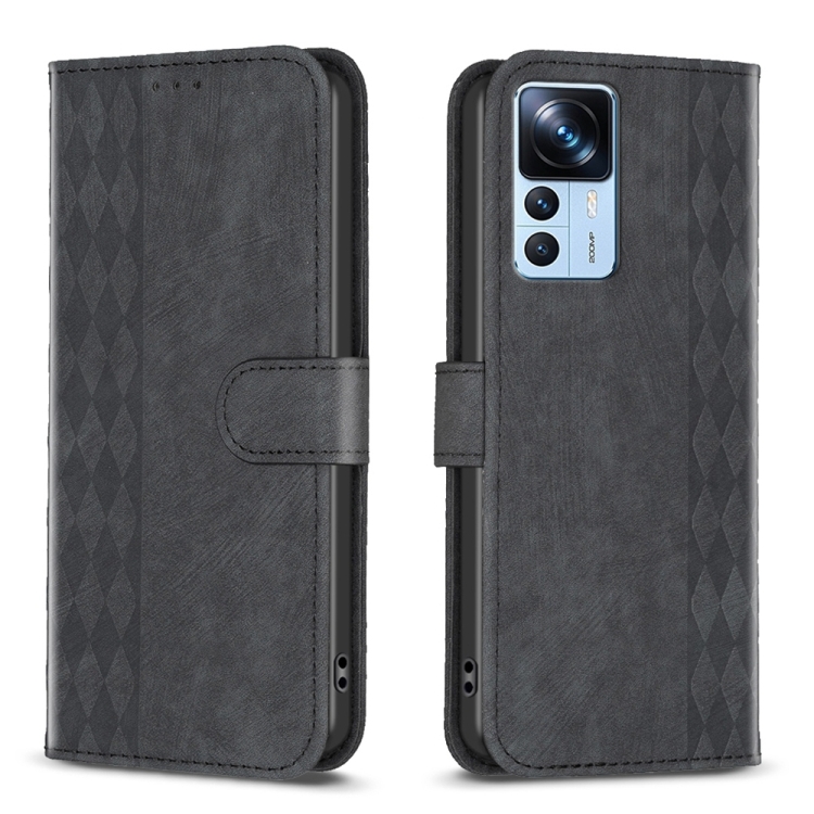 

For Xiaomi 12T / 12T Pro Plaid Embossed Leather Phone Case(Black)