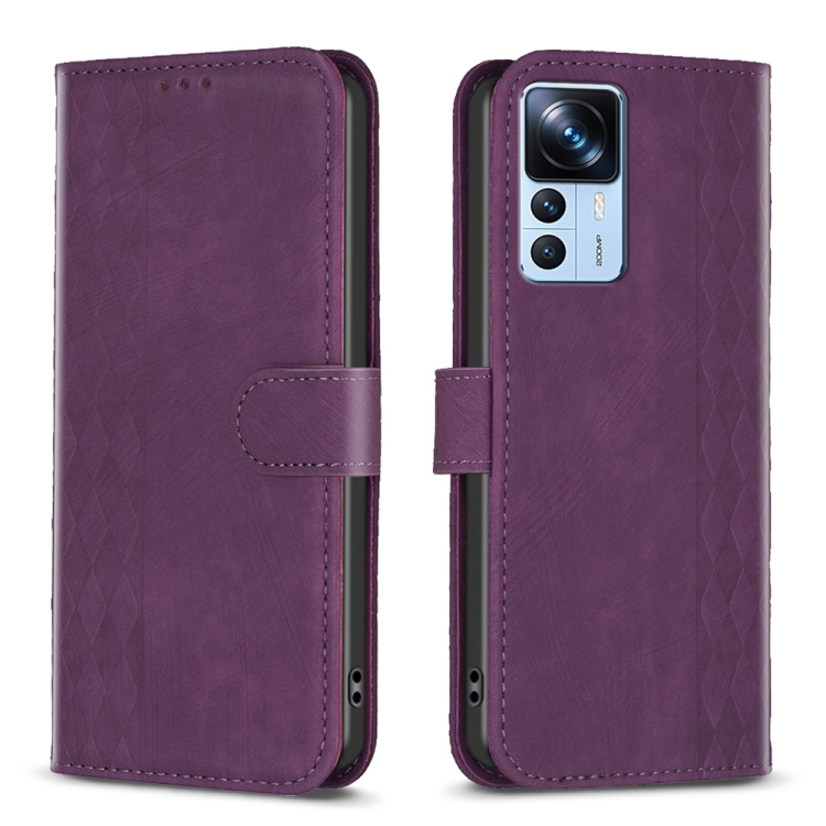 

For Xiaomi 12T / 12T Pro Plaid Embossed Leather Phone Case(Purple)
