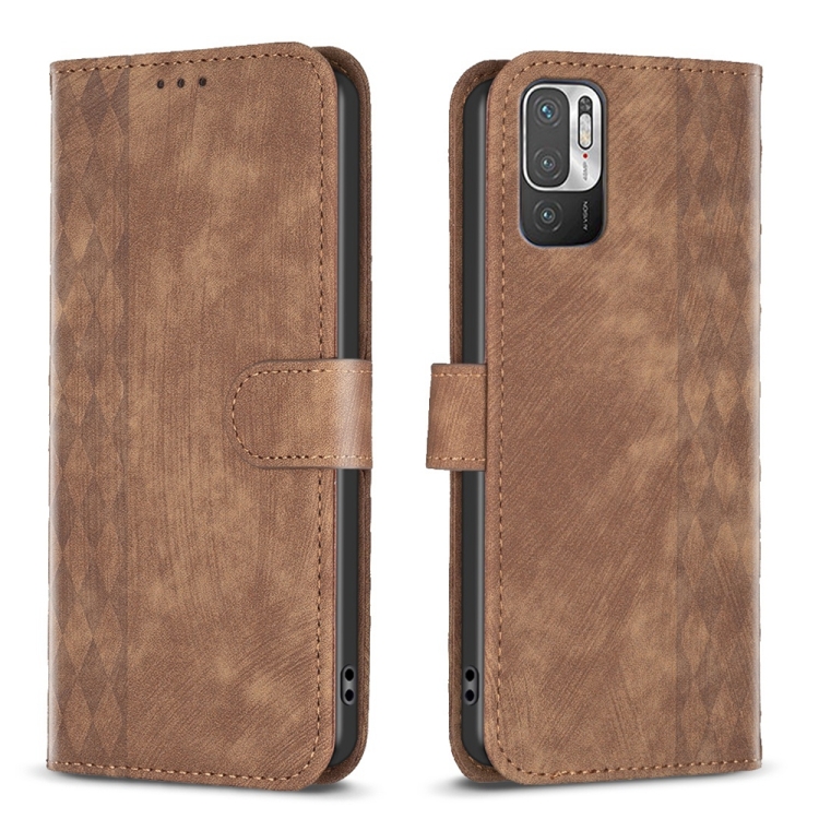 

For Xiaomi Poco M3 Pro Plaid Embossed Leather Phone Case(Brown)