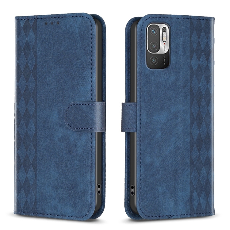 

For Xiaomi Poco M3 Pro Plaid Embossed Leather Phone Case(Blue)