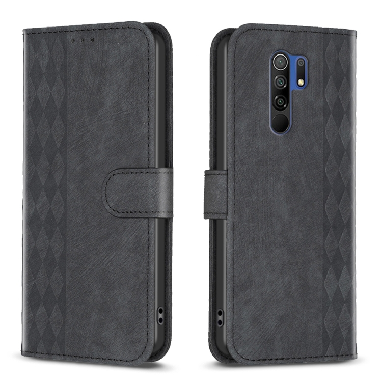 

For Xiaomi Redmi 9 Plaid Embossed Leather Phone Case(Black)
