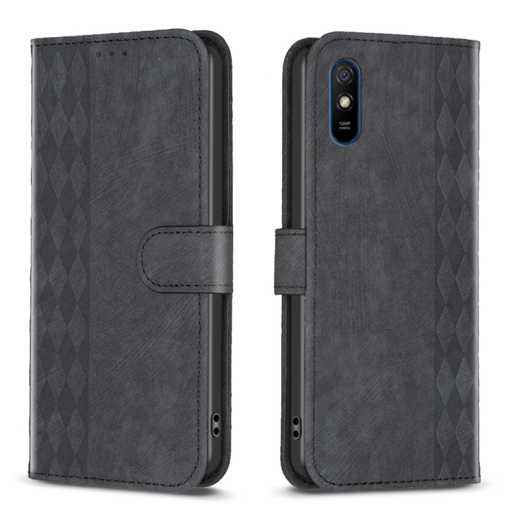 

For Xiaomi Redmi 9A Plaid Embossed Leather Phone Case(Black)