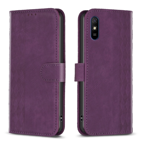 

For Xiaomi Redmi 9A Plaid Embossed Leather Phone Case(Purple)