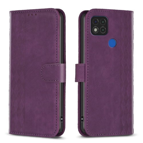 

For Xiaomi Redmi 9C Plaid Embossed Leather Phone Case(Purple)