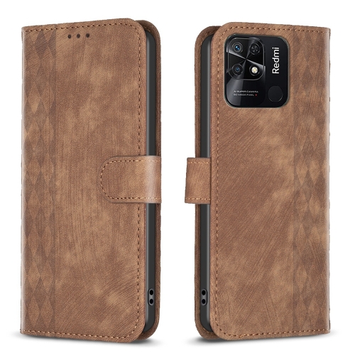 

For Xiaomi Redmi 10C Plaid Embossed Leather Phone Case(Brown)