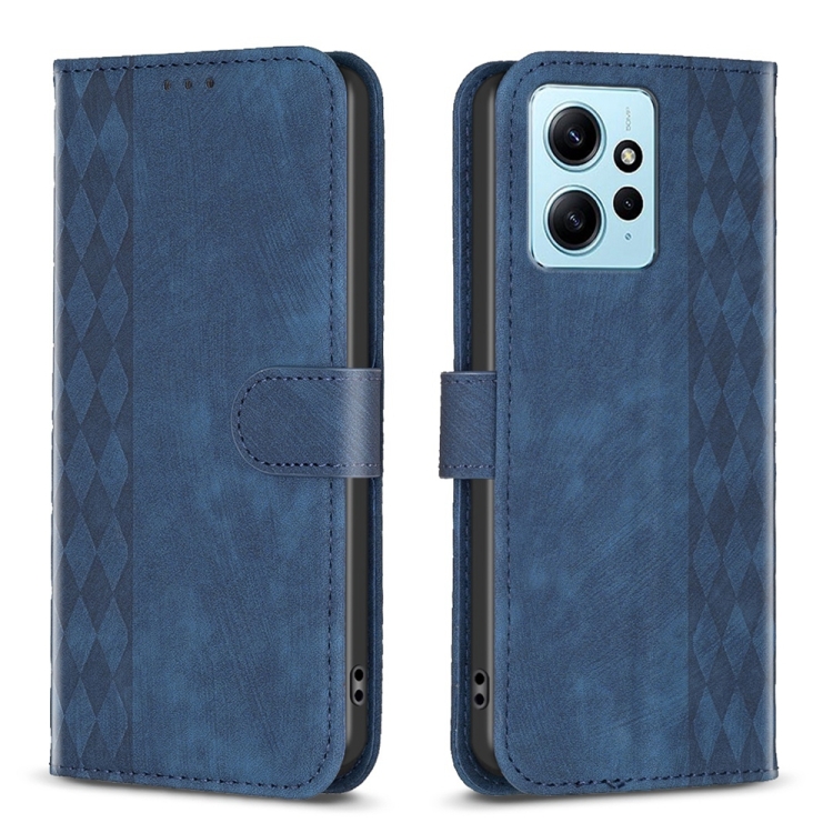 

For Xiaomi Redmi Note 12 4G Global Plaid Embossed Leather Phone Case(Blue)