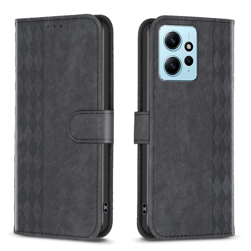 

For Xiaomi Redmi Note 12 4G Global Plaid Embossed Leather Phone Case(Black)