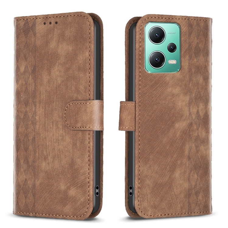 

For Xiaomi Redmi Note 12 5G Global Plaid Embossed Leather Phone Case(Brown)