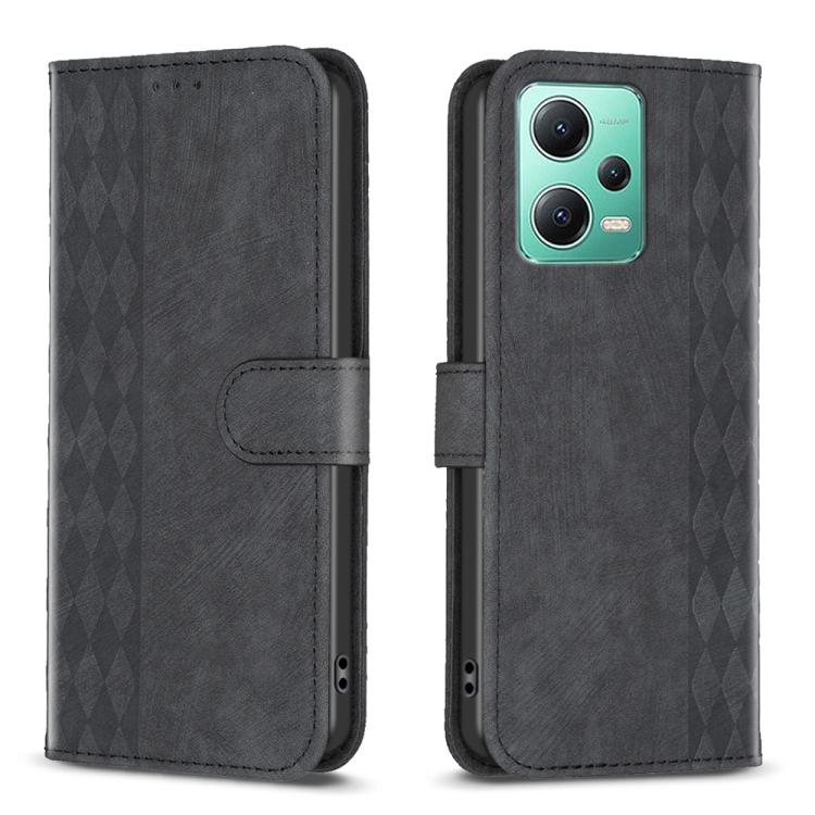 

For Xiaomi Redmi Note 12 5G Global Plaid Embossed Leather Phone Case(Black)