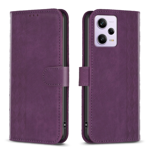 

For Xiaomi Redmi Note 12 Pro Global Plaid Embossed Leather Phone Case(Purple)
