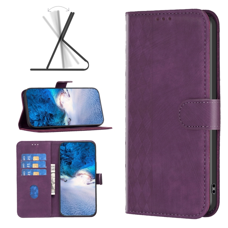 

For Xiaomi Redmi 12 4G Plaid Embossed Leather Phone Case(Purple)