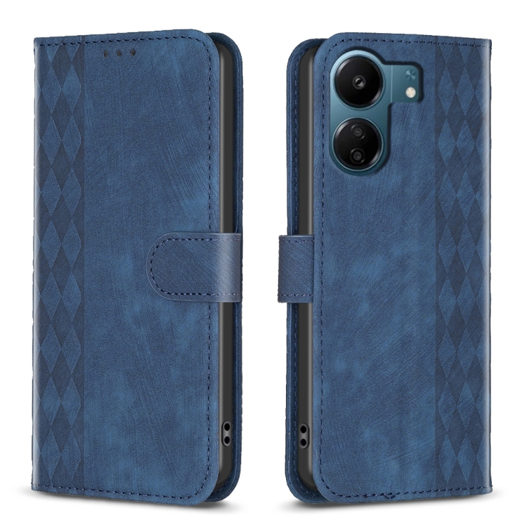 

For Xiaomi Redmi 13C Plaid Embossed Leather Phone Case(Blue)