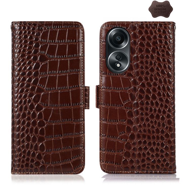 

For OPPO A58 4G Crocodile Top Layer Cowhide Leather Phone Case(Brown)