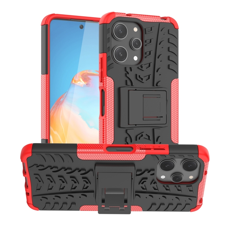

For Xiaomi Redmi 12 4G Tire Texture TPU + PC Phone Case with Holder(Red)