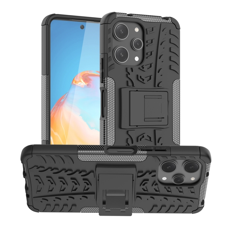 

For Xiaomi Redmi 12 4G Tire Texture TPU + PC Phone Case with Holder(Black)
