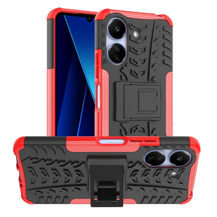 

For Xiaomi Poco C65 Tire Texture TPU + PC Phone Case with Holder(Red)