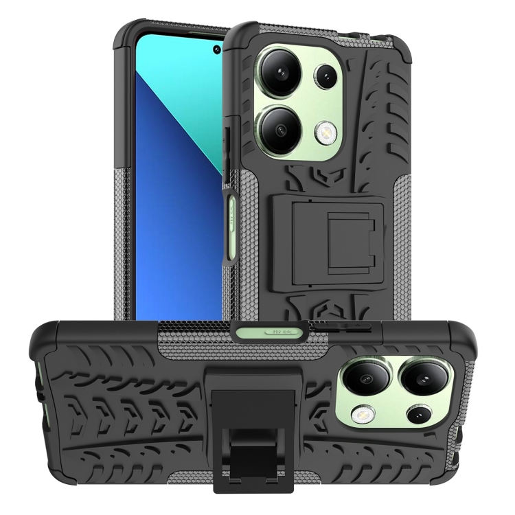 

For Xiaomi Redmi Note 13 4G Tire Texture TPU + PC Phone Case with Holder(Black)