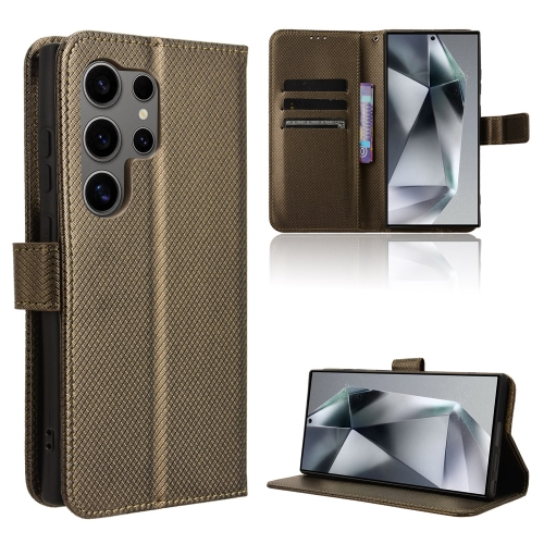 For Samsung Galaxy S24 Ultra 5G Diamond Texture Leather Phone Case(Brown) for vivo x100 pro denim texture flip leather phone case khaki