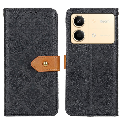 

For Xiaomi Redmi Note 13R Pro European Floral Embossed Leather Phone Case(Black)