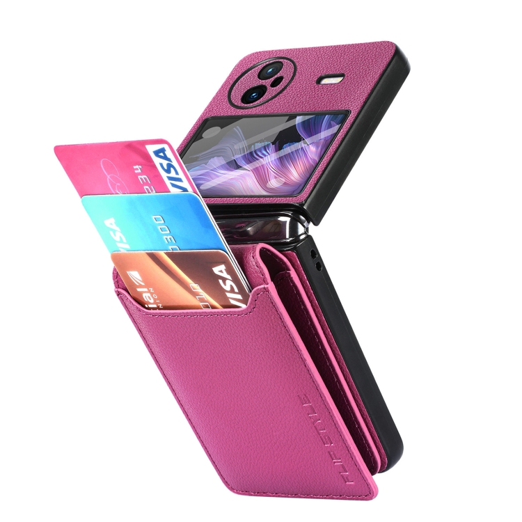 

For vivo X Flip Litchi Texture Card Bag Shockproof Phone Case with Ring Holder / Film(Rose Red)