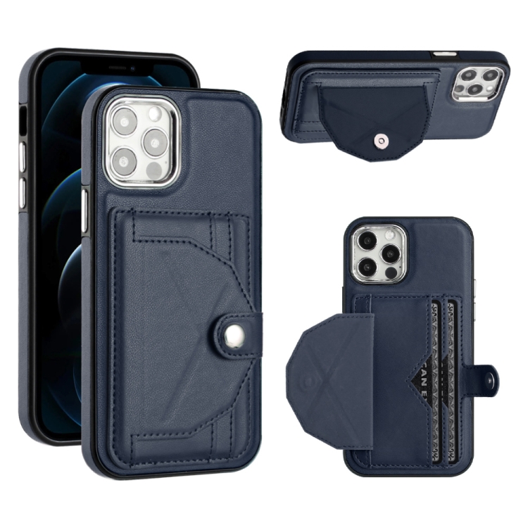 

For iPhone 12 / 12 Pro Shockproof Leather Phone Case with Card Holder(Blue)