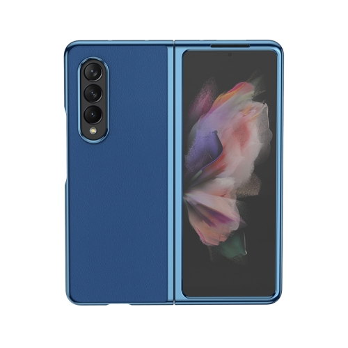 

For Samsung Galaxy Z Fold3 Electroplating Plain Leather Folding Phone Case(Blue)
