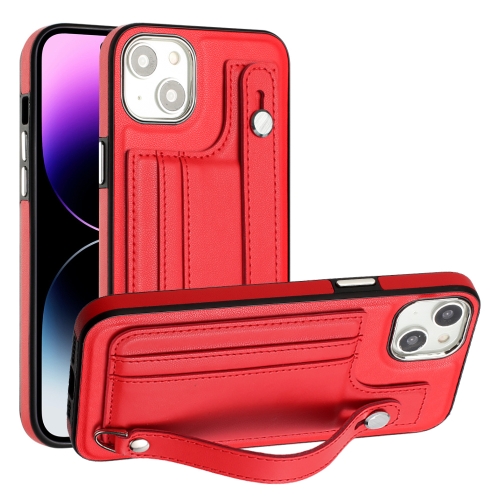 For iPhone 14 Shockproof Leather Phone Case with Wrist Strap(Red)