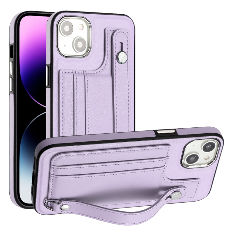 

For iPhone 14 Shockproof Leather Phone Case with Wrist Strap(Purple)