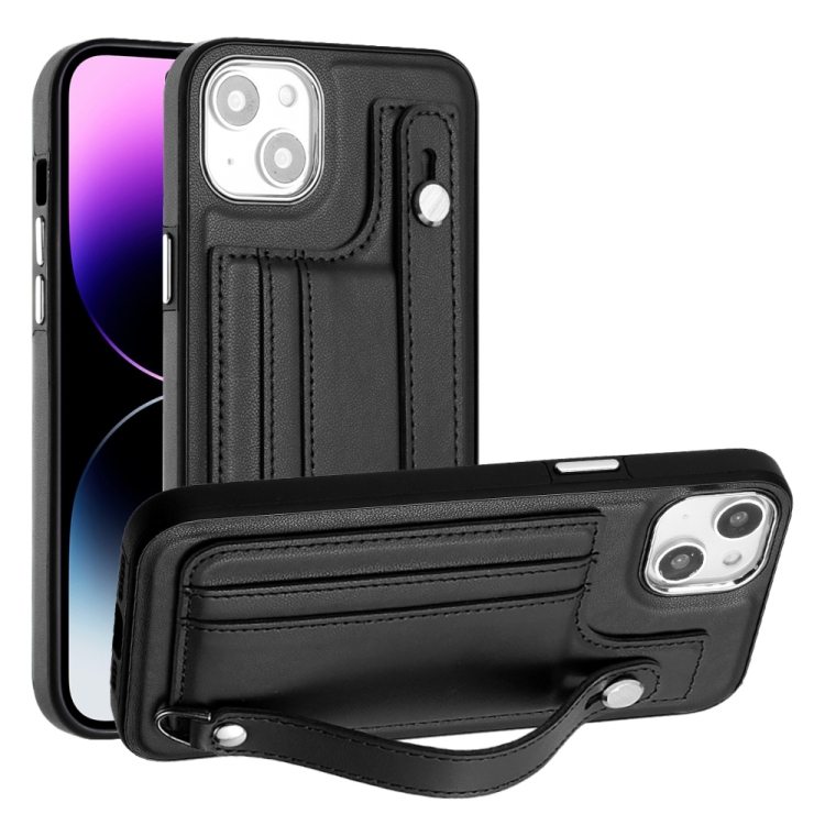 

For iPhone 14 Shockproof Leather Phone Case with Wrist Strap(Black)