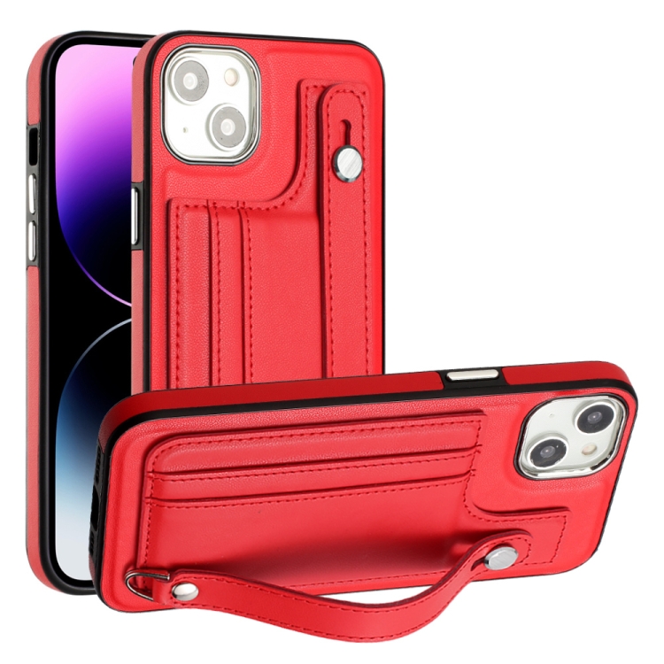 

For iPhone 14 Plus Shockproof Leather Phone Case with Wrist Strap(Red)
