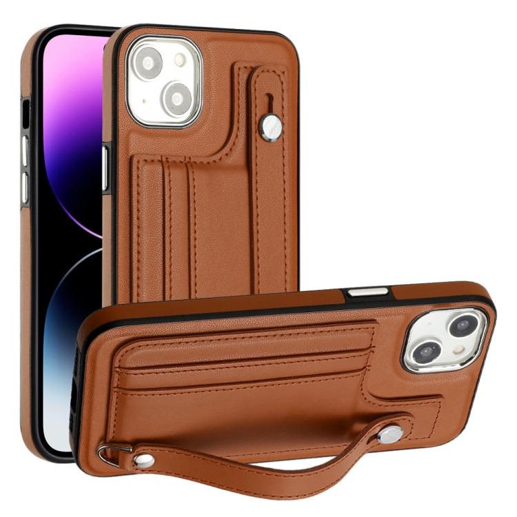 

For iPhone 14 Plus Shockproof Leather Phone Case with Wrist Strap(Brown)