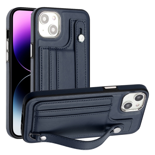 

For iPhone 14 Plus Shockproof Leather Phone Case with Wrist Strap(Blue)
