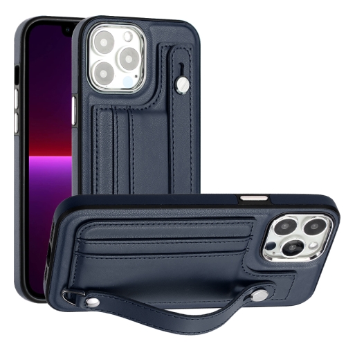 

For iPhone 14 Pro Shockproof Leather Phone Case with Wrist Strap(Blue)