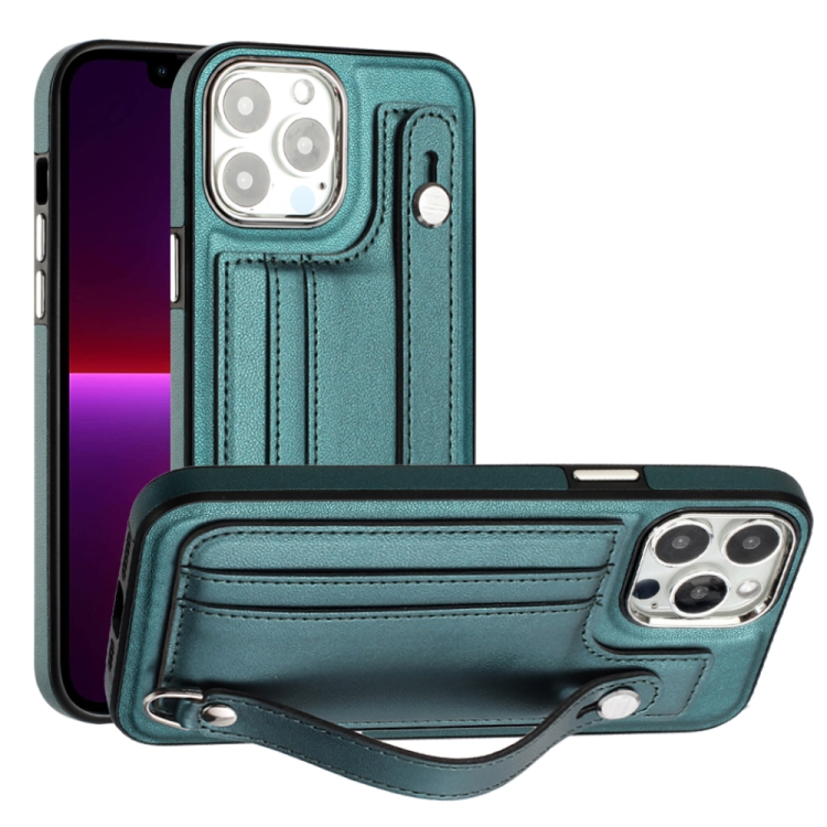 

For iPhone 14 Pro Max Shockproof Leather Phone Case with Wrist Strap(Green)
