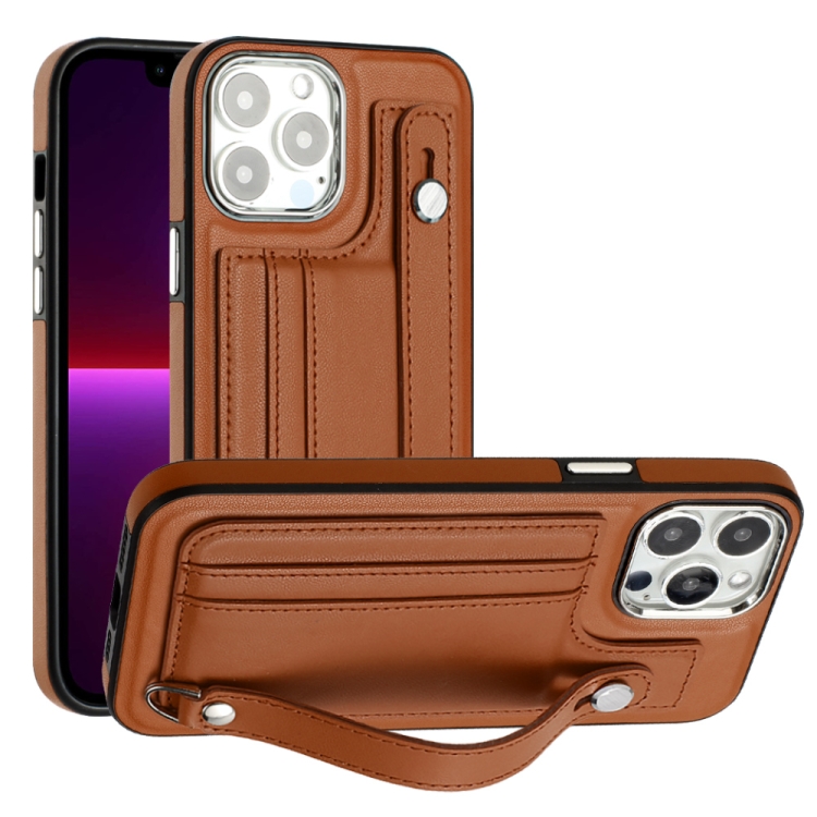 

For iPhone 14 Pro Max Shockproof Leather Phone Case with Wrist Strap(Brown)