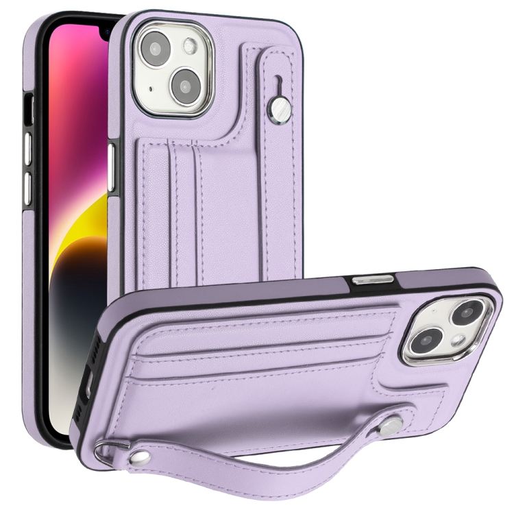 

For iPhone 13 Shockproof Leather Phone Case with Wrist Strap(Purple)