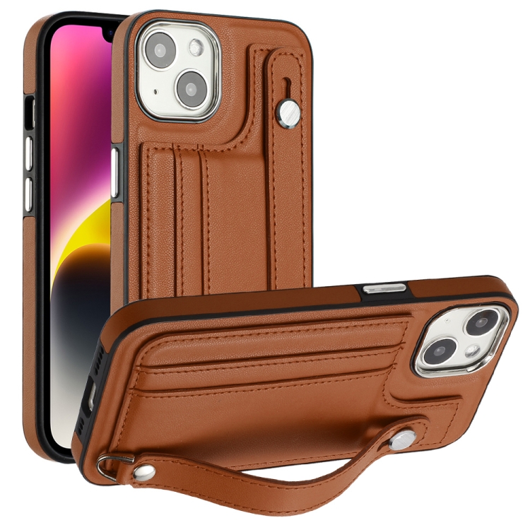 

For iPhone 13 Shockproof Leather Phone Case with Wrist Strap(Brown)