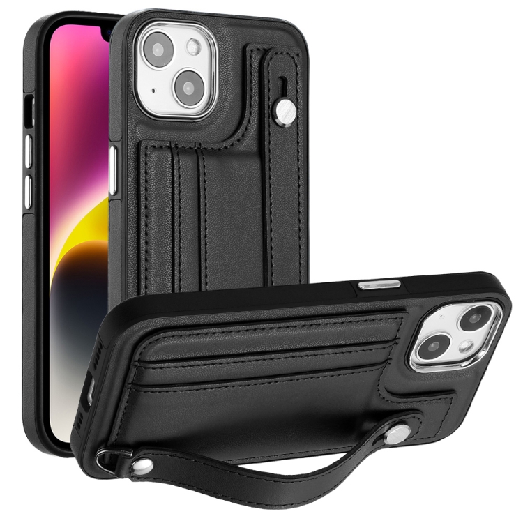 

For iPhone 13 Shockproof Leather Phone Case with Wrist Strap(Black)
