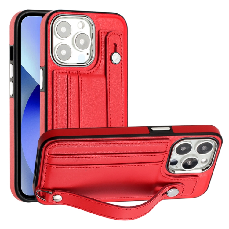 

For iPhone 13 Pro Shockproof Leather Phone Case with Wrist Strap(Red)