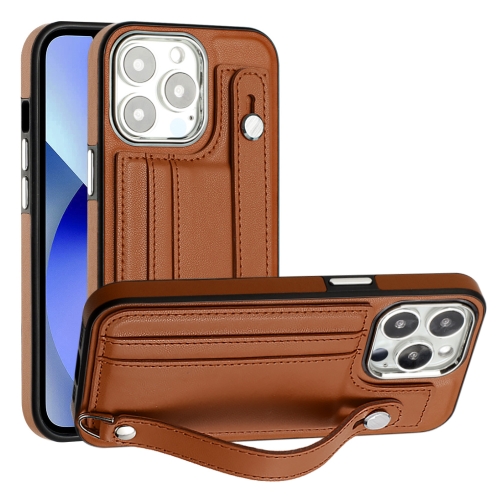

For iPhone 13 Pro Shockproof Leather Phone Case with Wrist Strap(Brown)