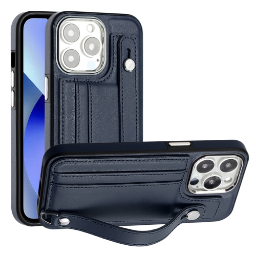 

For iPhone 13 Pro Shockproof Leather Phone Case with Wrist Strap(Blue)