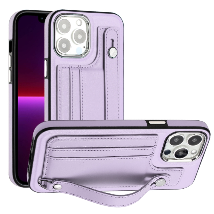 

For iPhone 13 Pro Max Shockproof Leather Phone Case with Wrist Strap(Purple)