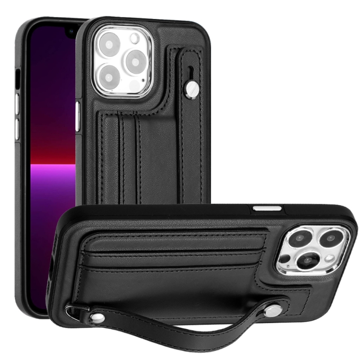 

For iPhone 13 Pro Max Shockproof Leather Phone Case with Wrist Strap(Black)