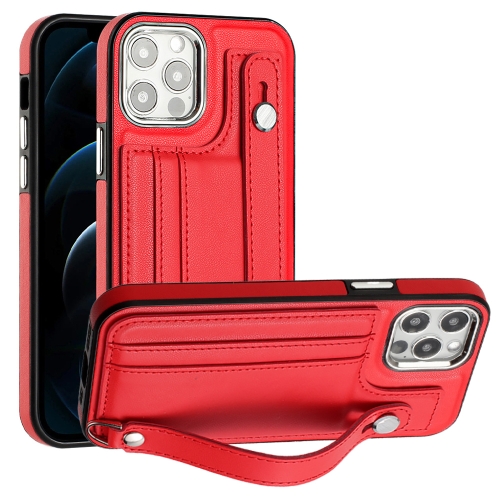 

For iPhone 12 / 12 Pro Shockproof Leather Phone Case with Wrist Strap(Red)