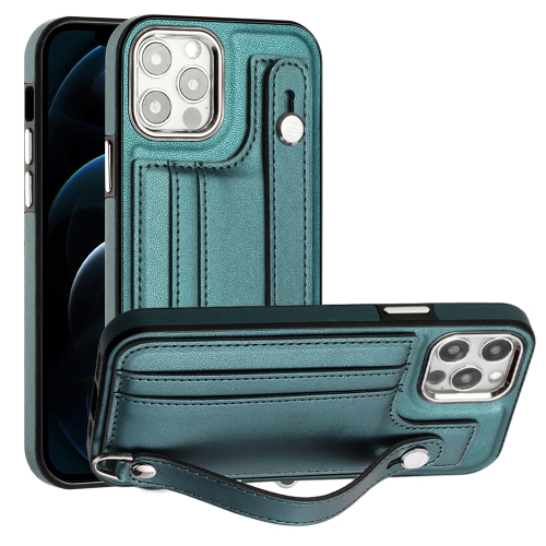 

For iPhone 12 / 12 Pro Shockproof Leather Phone Case with Wrist Strap(Green)